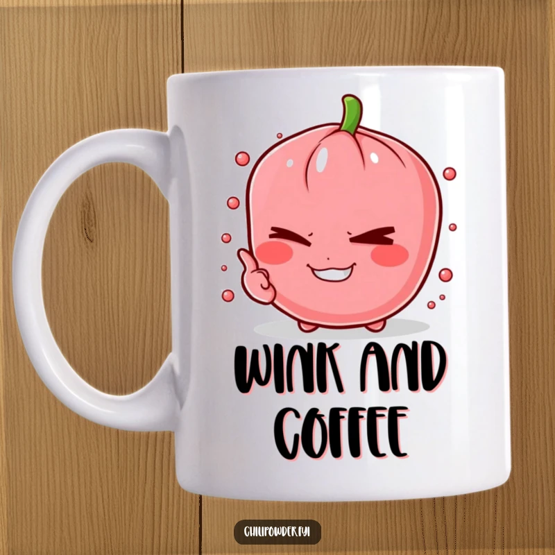 Funny chili powder pinch winking with a mischievous grin on a mug, exuding playful confidence.