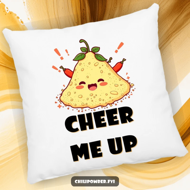 Funny pillow with a plush chili powder pile character cheering with exclamation marks, offering comfort and a humorous touch.