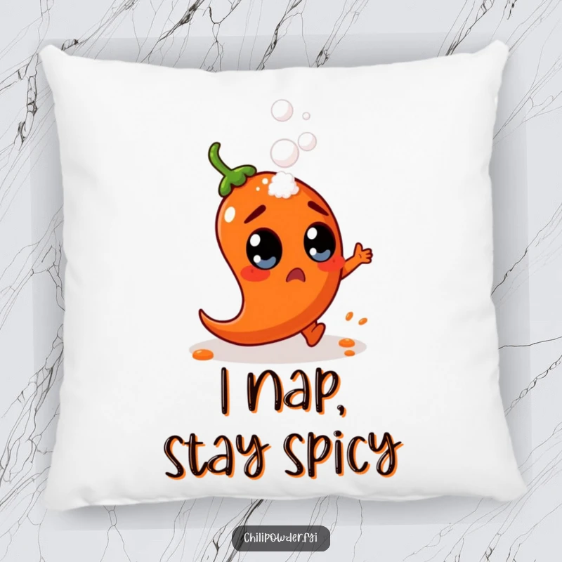 Funny chili powder character with wide, surprised eyes dodges a falling salt shaker on a soft, decorative pillow, bringing humor.