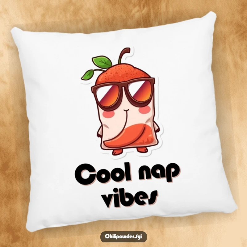 Funny chili powder bag character wearing oversized sunglasses, looking effortlessly cool, designed on a comfortable pillow for stylish comfort.