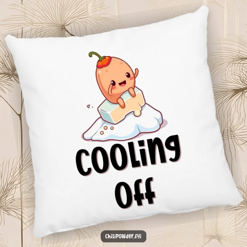 Funny Kawaii chili powder character riding a melting ice cube, a soft and humorous pillow for decor.
