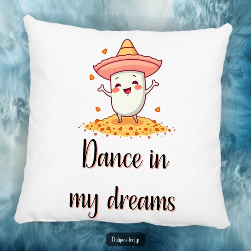 Funny chili powder pillow with a tiny sombrero, designed for energetic dancing, offering comfort and festive flair.