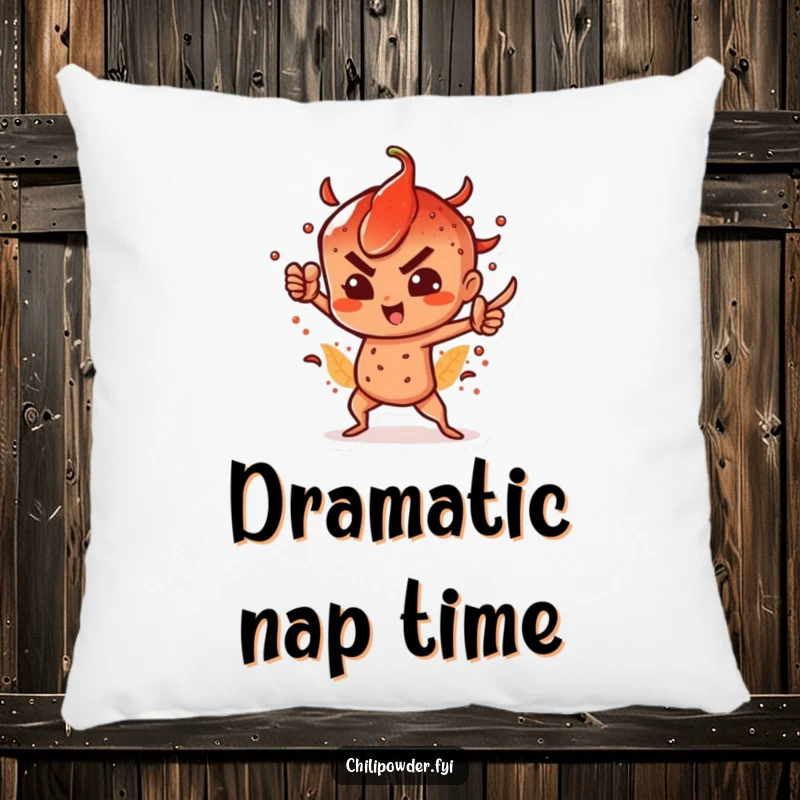 Funny decorative pillow featuring a chili powder character striking a dramatic, spicy pose, adding bold character to any room.