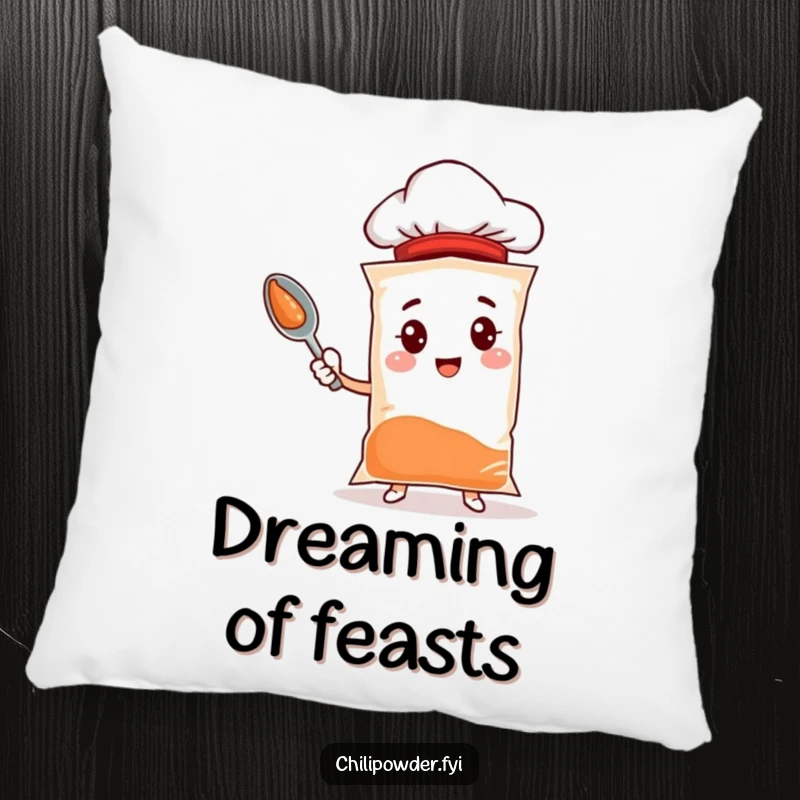 Funny chili powder throw pillow featuring a spice bag character with a tiny chef hat, offering comfort and culinary humor.