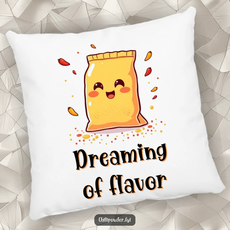 Funny Kawaii chili powder bag beaming with joy while scattering colorful spices, a soft and humorous throw pillow.
