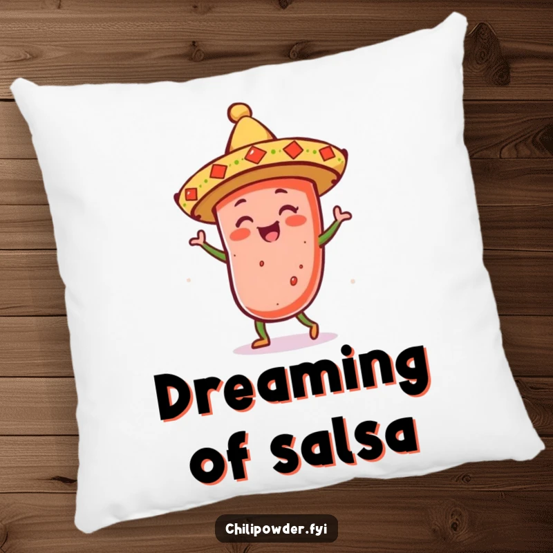 Funny kawaii chili powder in a sombrero dancing merrily, creating a soft and festive pillow for cozy relaxation.