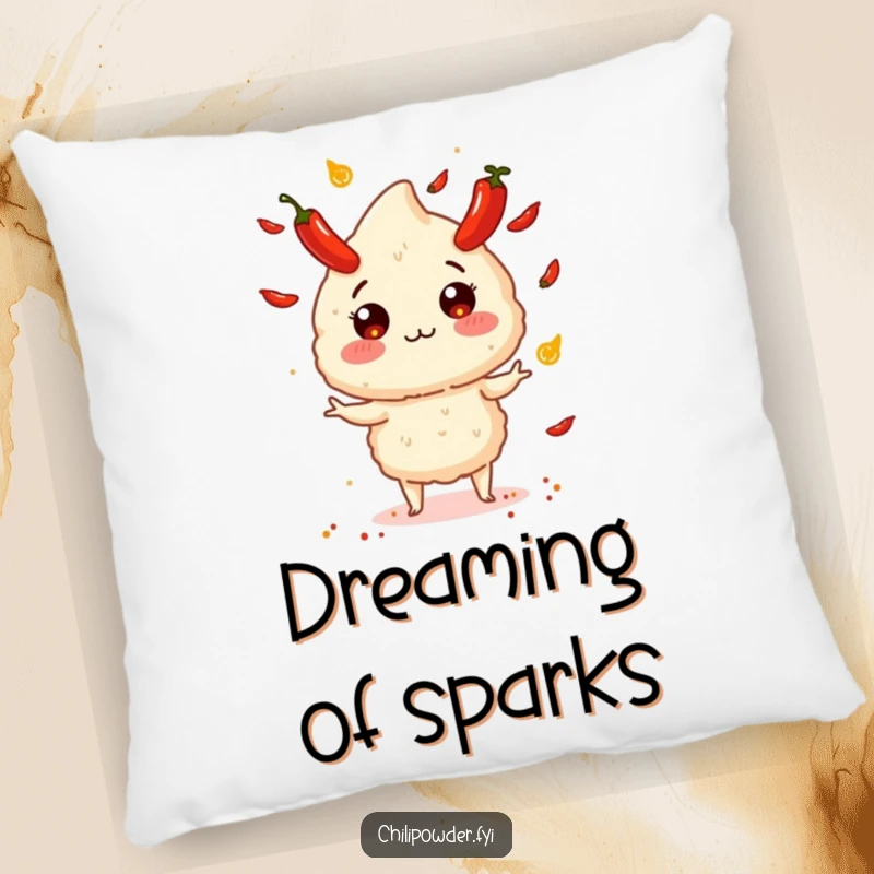 Funny chili powder puff juggling tiny exploding peppers, shown on a soft and comfortable throw pillow.