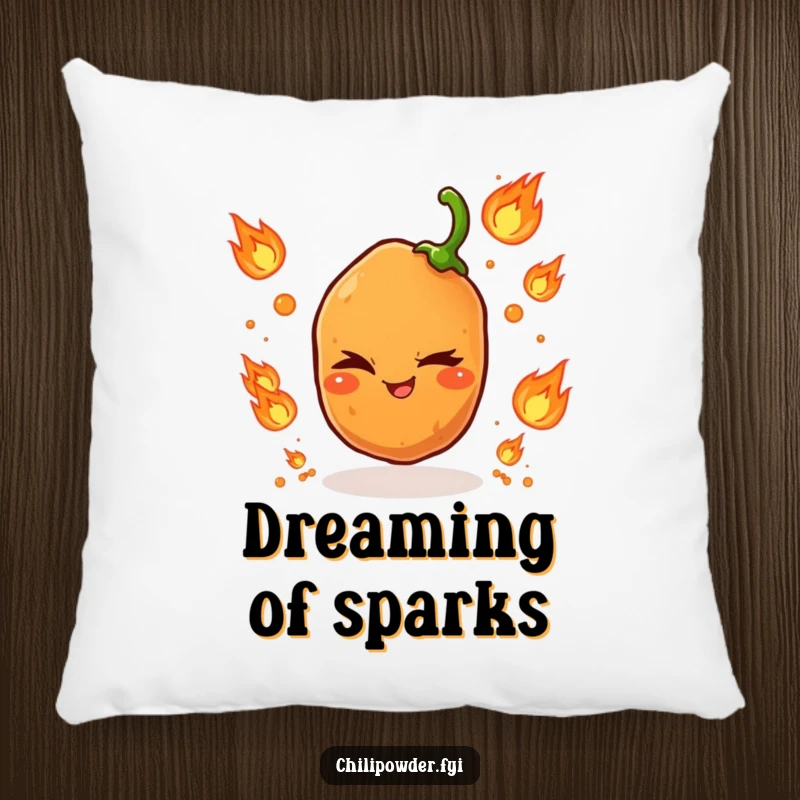 Funny pillow designed with a mischievous chili powder grain juggling tiny flame icons, offering cozy, spicy comfort.