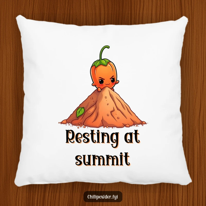 Funny Pillow: A determined chili powder element scales a pepper mountain, offering plush comfort and motivational humor.