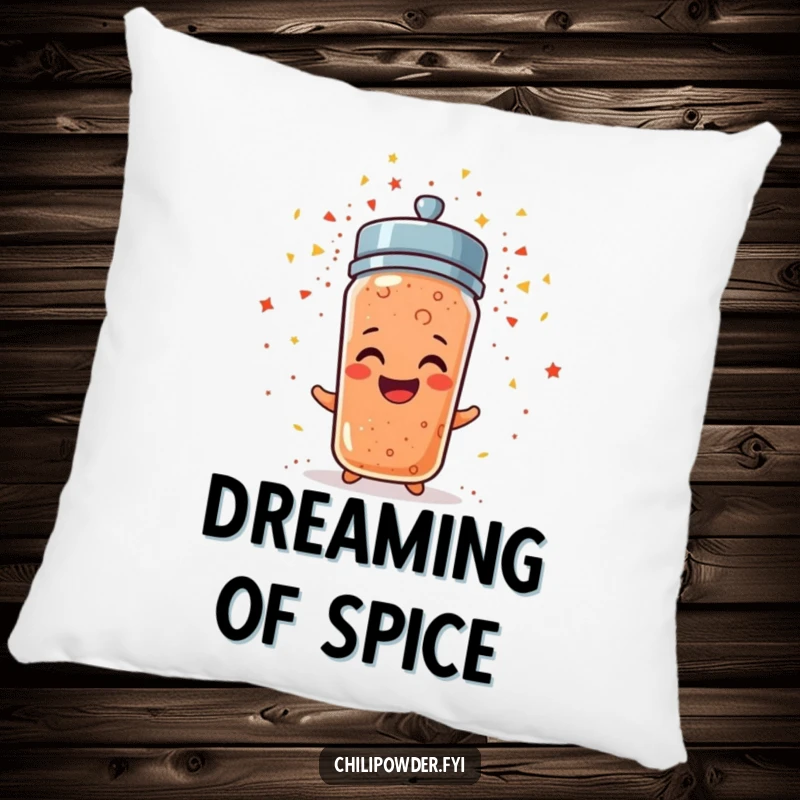 Funny chili powder shaker erupting in confetti, a soft and humorous pillow for festive decor.