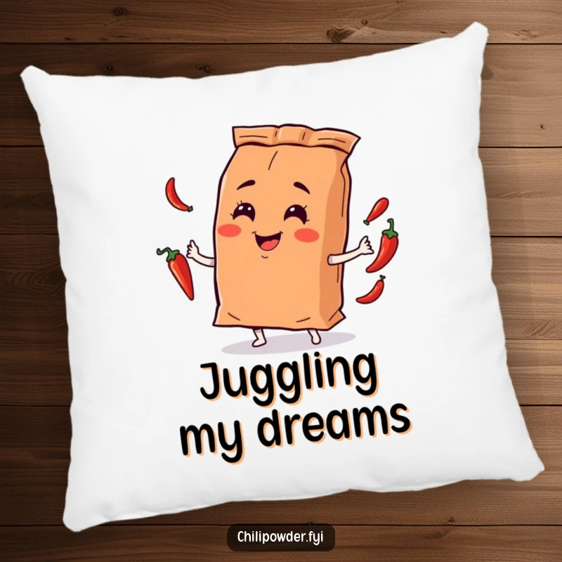 Funny chili powder bag character juggling small chili peppers with a playful smirk, designed on a comfortable pillow for cozy humor.