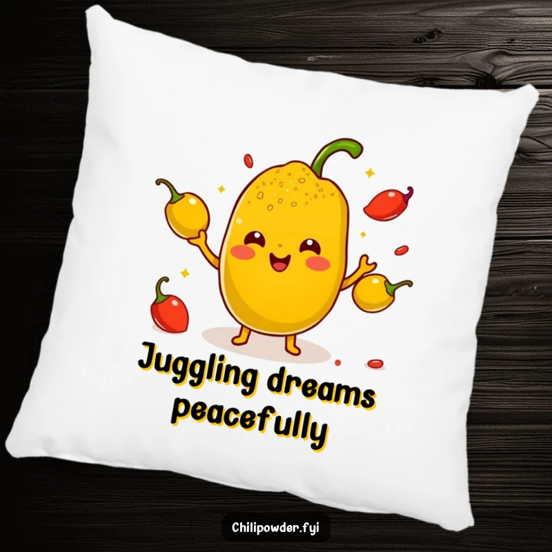 Funny Kawaii Chili Powder Pillow - A cute cartoon chili powder character juggling small smiling peppers with tiny arms, perfect for cozy spicy decor.
