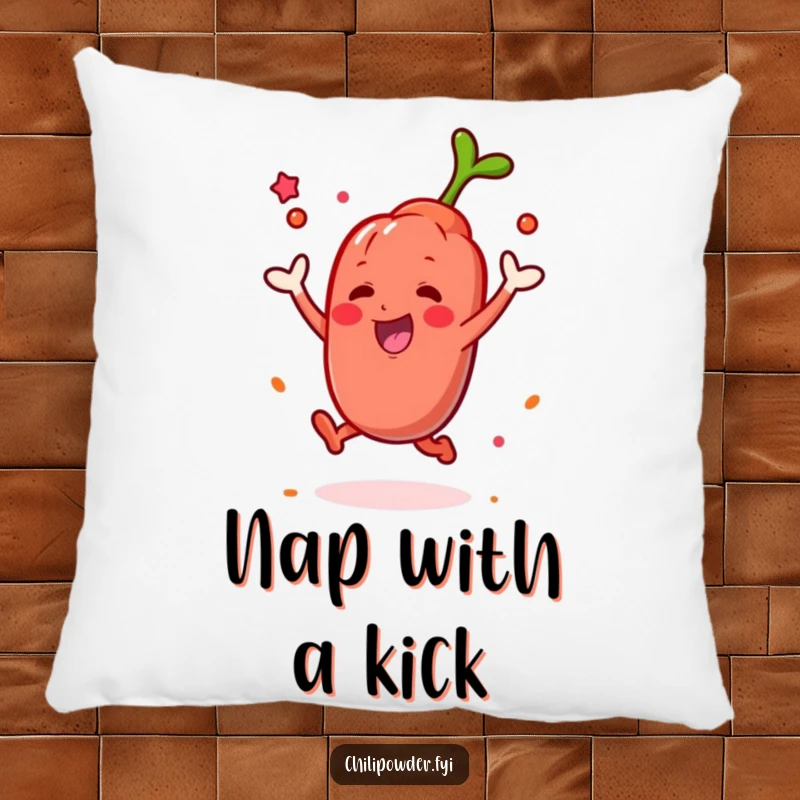 Funny Kawaii chili powder character leaping with a puff of spice, creating a cute and humorous design for a decorative pillow.
