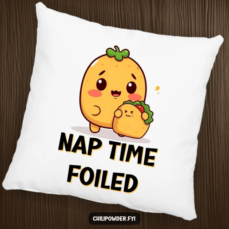 Funny Pillow with a surprised kawaii chili powder character reacting to a tiny taco sneaking up, offering soft comfort and humorous expression.