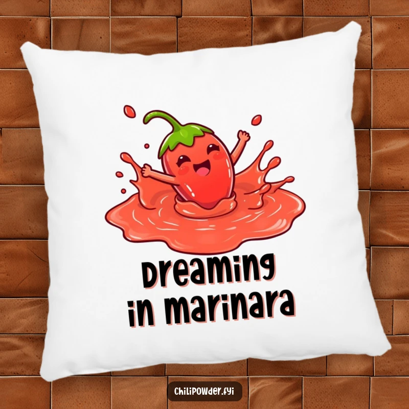 Funny Pillow: Kawaii chili powder character gleefully splashing in red sauce, adding a soft, humorous, and joyful decorative accent to any room.