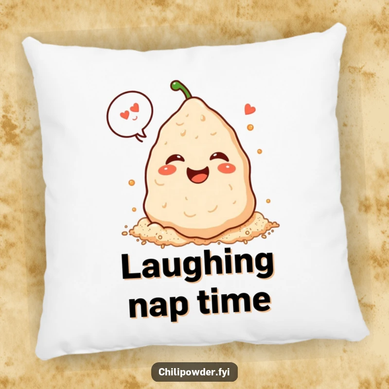 Funny Kawaii chili powder pile laughing heartily with a speech bubble on a soft pillow, perfect for cozy smiles.