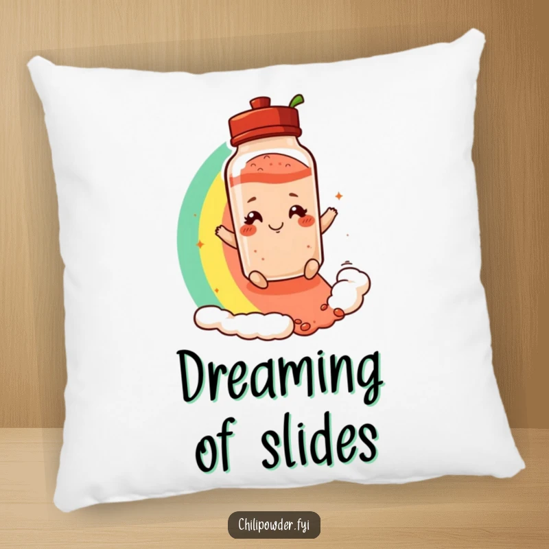 Funny pillow designed with a chili powder shaker with a playful smirk, sliding down a vibrant rainbow, offering colorful comfort.