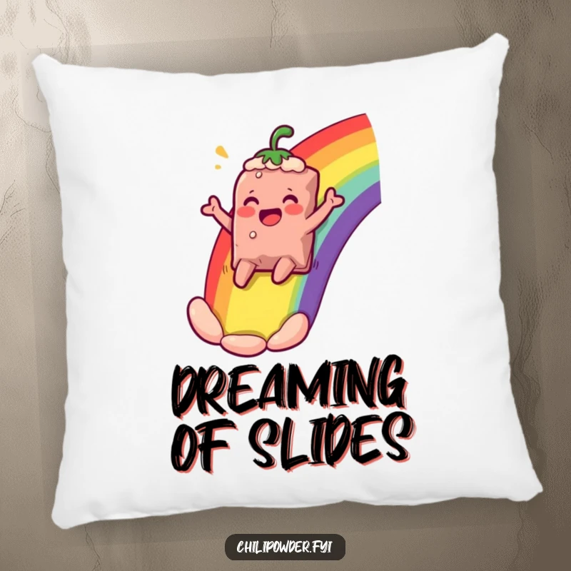 Funny chili powder bag character sliding down a rainbow, cheering comically, designed on a comfortable pillow for cozy happiness.