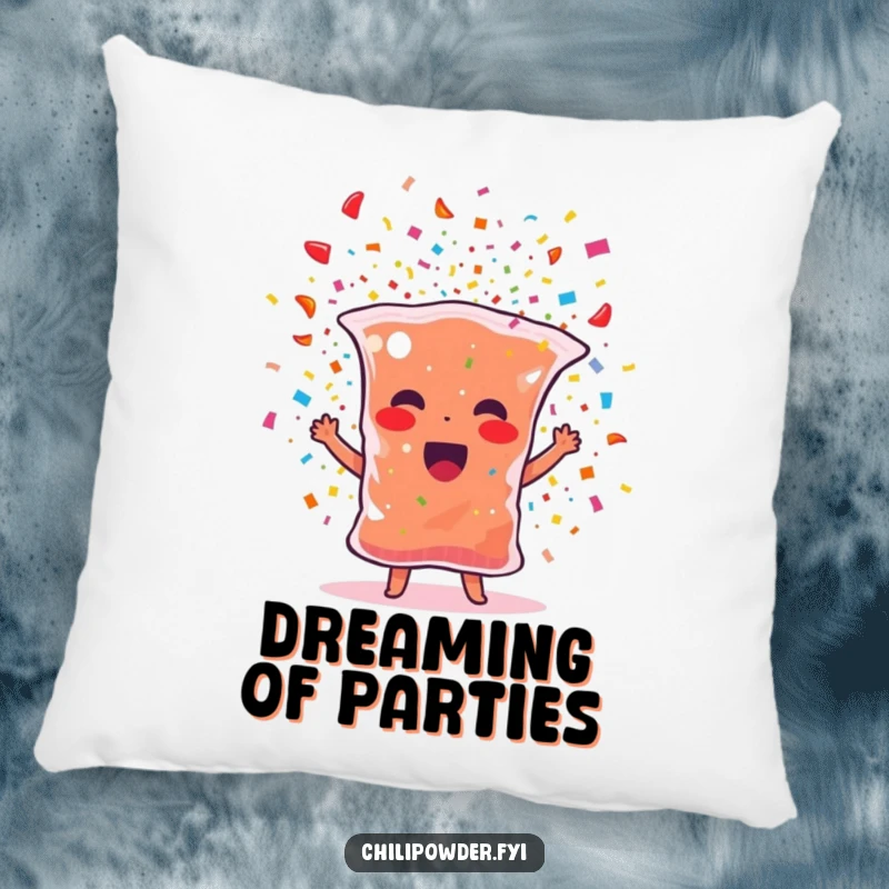 Funny chili powder throw pillow featuring a spice bag character bursting with confetti, offering comfort and festive fun.