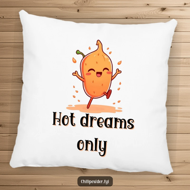 Funny pillow featuring a chili powder character with tiny legs doing a fiery dance, offering comfort and comedic spice.