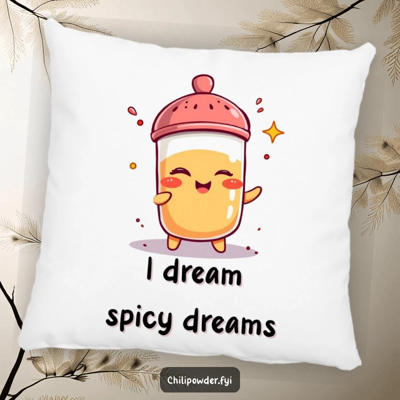 Funny, winking chili powder shaker character on a soft pillow, adding a dash of spice and humor to any room.