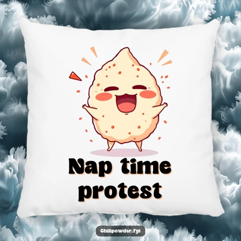 Funny chili powder puff in a giggling tantrum, shown on a soft and decorative throw pillow.