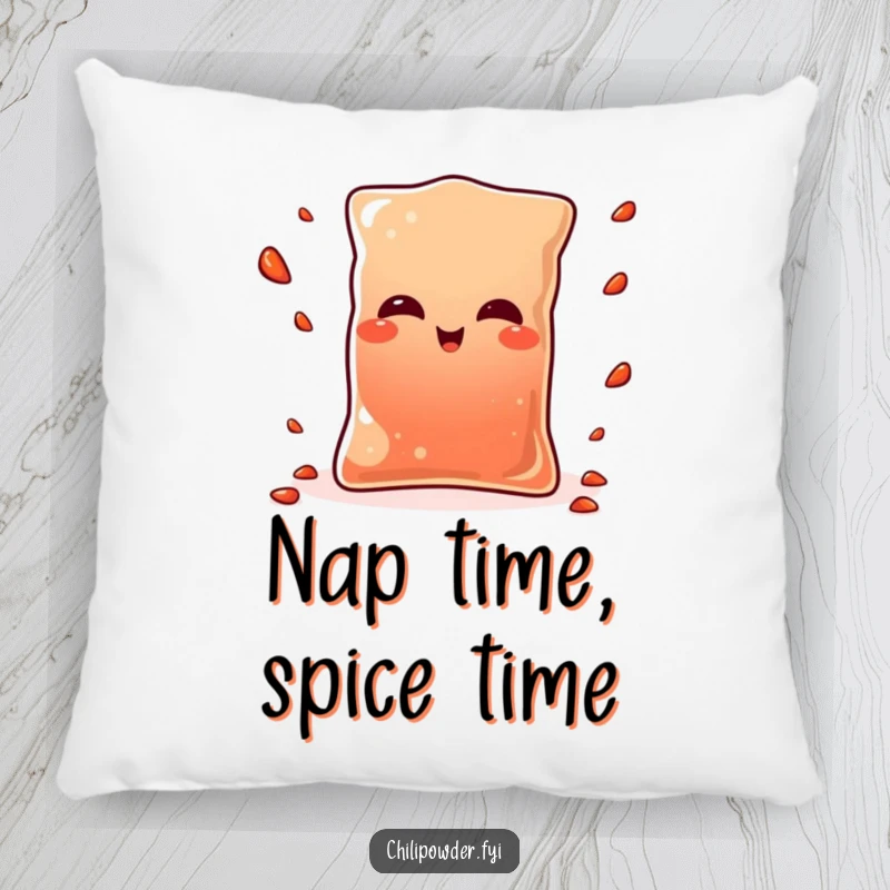 Funny Kawaii chili powder pouch winking playfully while juggling tiny pepper flakes, a soft and humorous decorative pillow.