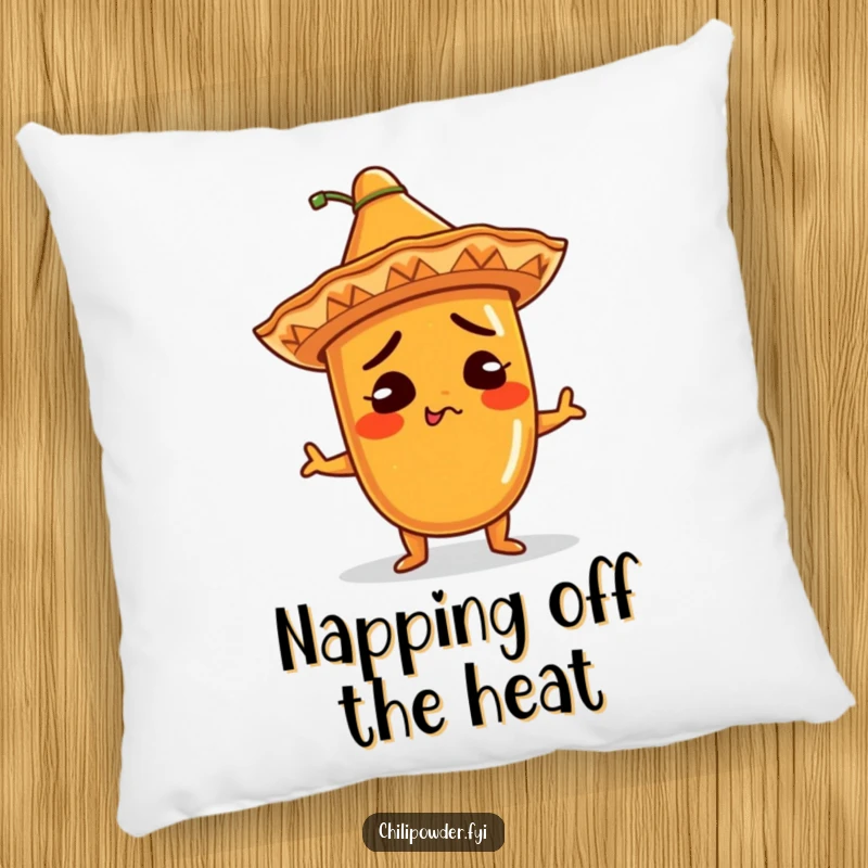 Funny Pillow: Kawaii chili powder character in a mini sombrero, shrugging adorably, providing a soft and humorous decorative accent for any seating area.