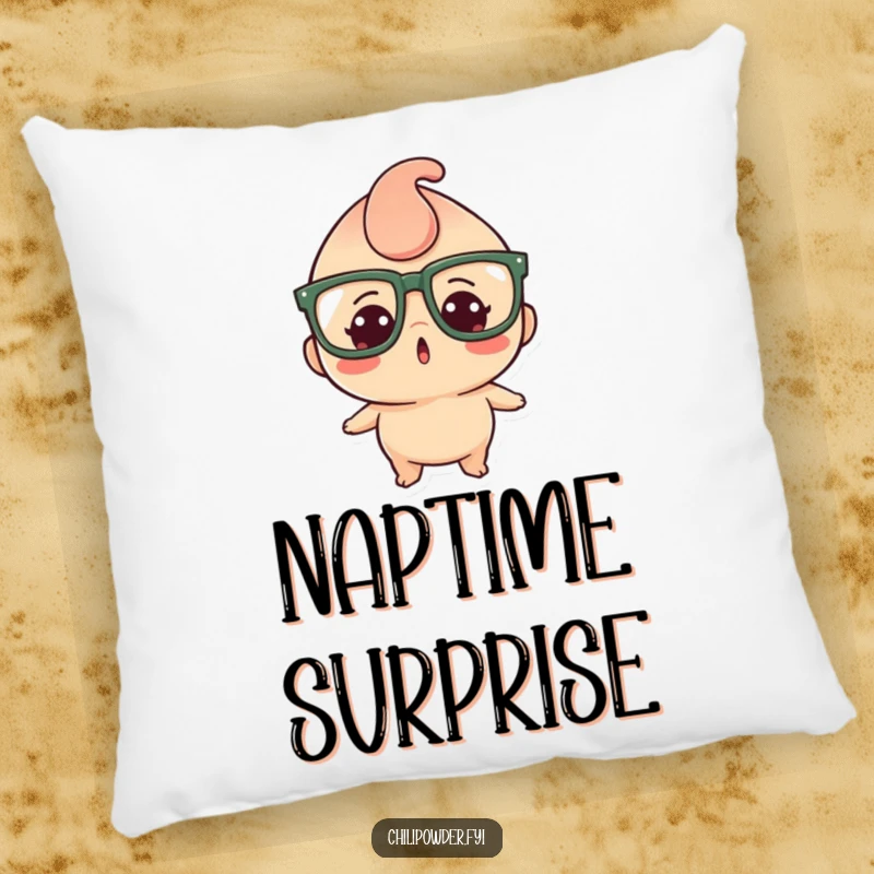 Funny decorative pillow featuring a kawaii chili powder character in oversized glasses, showing a comically surprised and cute face.