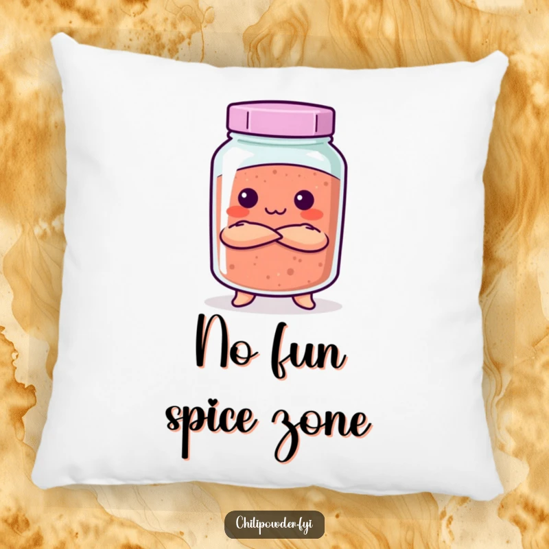 Funny Kawaii chili powder jar with arms crossed and a stern expression on a soft pillow, offering playful comfort.