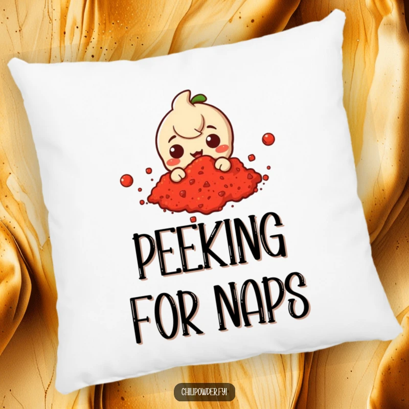 Funny decorative pillow featuring a chili powder character peeking out from a soft cloud of red chili powder, adding playful charm.