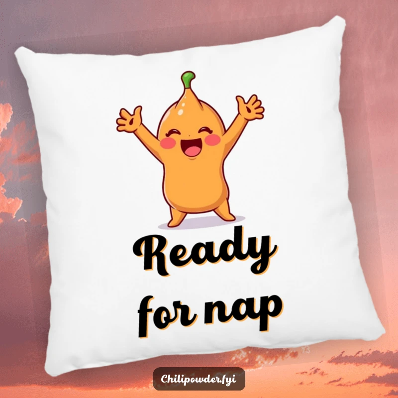 Funny Pillow: A cute chili powder character in an exaggerated stretch offers plush comfort and morning-themed humor.