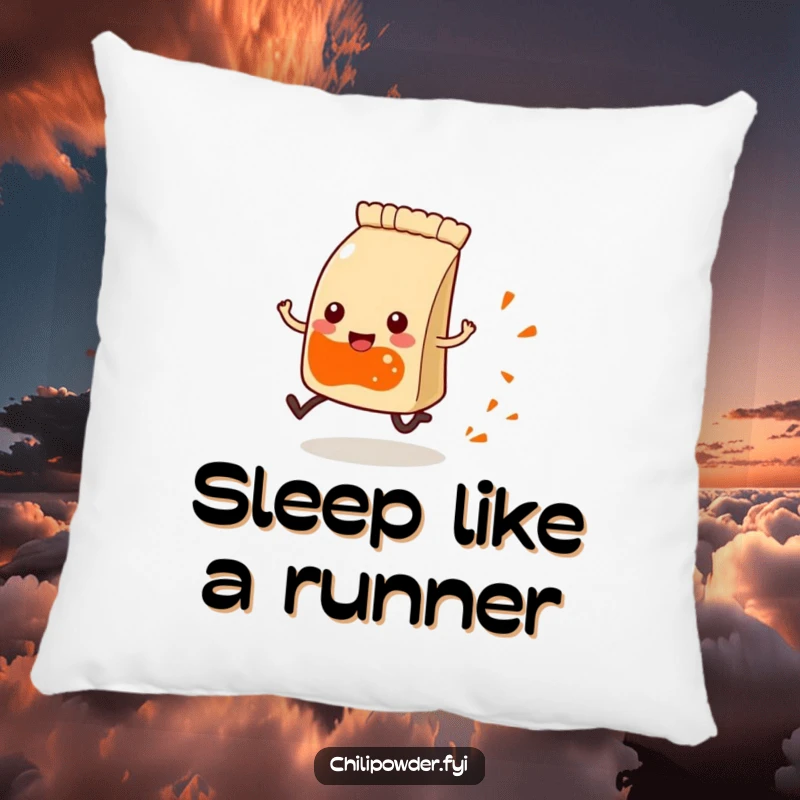 Funny Kawaii chili powder pouch with tiny legs, happily running and leaving a spice trail, soft humorous pillow.