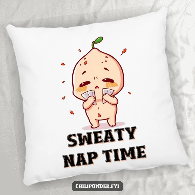 Funny chili powder pillow depicting a character sweating profusely and fanning itself dramatically, offering comfort and humor.
