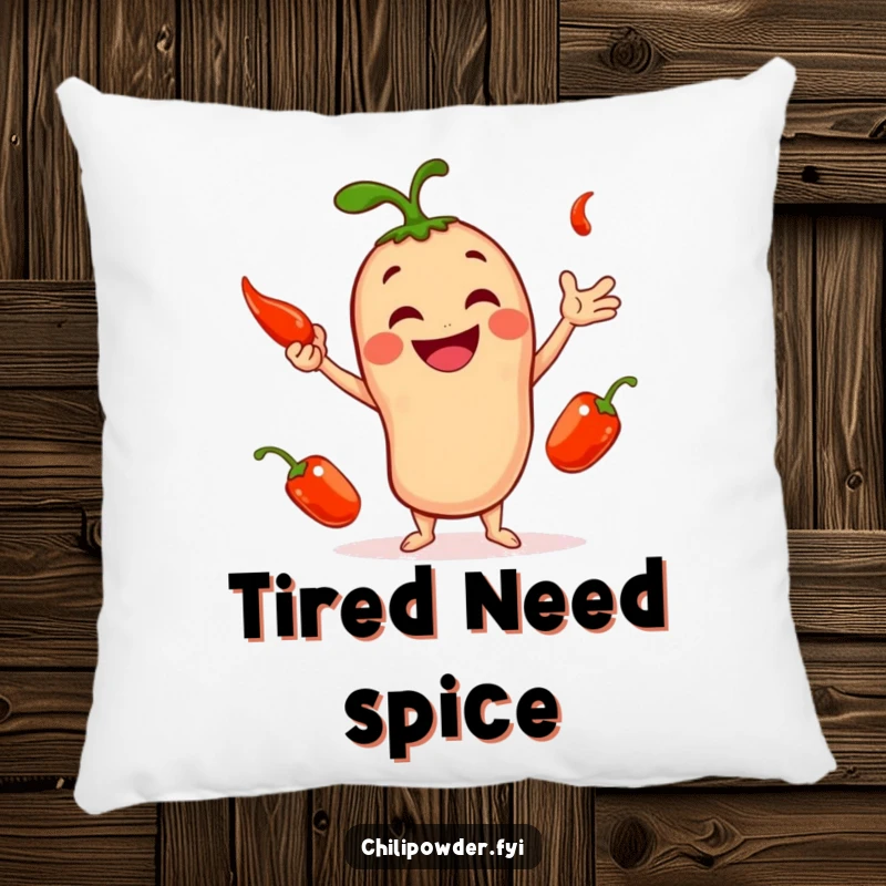 Funny decorative pillow featuring a smiling chili powder character juggling three tiny red peppers, adding a playful touch to seating.