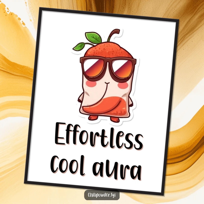 Funny chili powder bag character in oversized sunglasses, exuding cool confidence, as a digital art print for stylish and humorous decor.