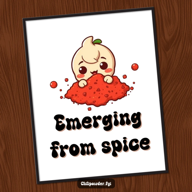 Funny digital art of a chili powder character peeking from a vibrant cloud of red chili powder, adding playful charm.