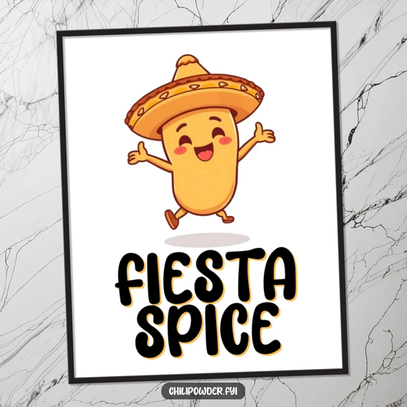 Funny chili powder character wearing a little sombrero, dancing wildly in a digital art print, capturing a moment of pure, uninhibited fiesta and joy.
