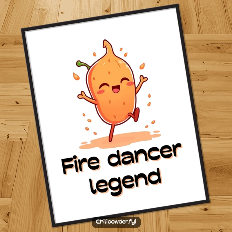 Funny digital art print of a chili powder character with tiny legs doing a fiery dance, adding spicy humor.
