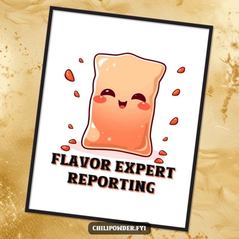 Funny Kawaii chili powder pouch winking playfully while juggling tiny pepper flakes, a vibrant digital art print for home decor.