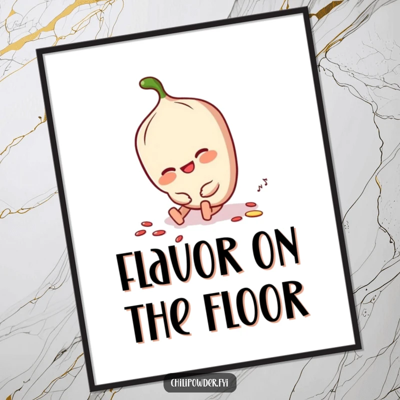 Funny chili powder character tripping but smiling, dusting itself off, a charming digital art print.
