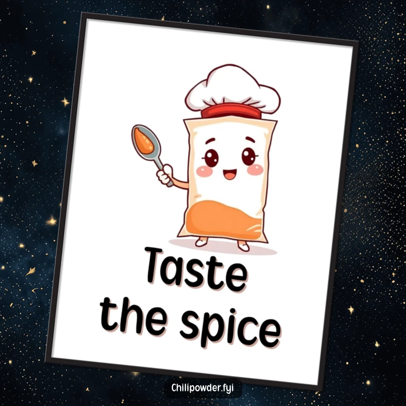 Funny chef chili powder digital art print featuring a spice bag character with a tiny hat, perfect for kitchen decor.