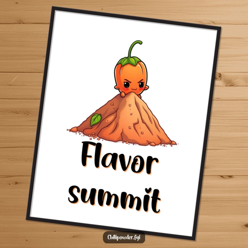 Funny Digital Art Print: A determined chili powder element character scales a tiny pepper mountain, bringing motivational energy to any room.