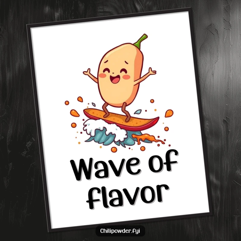Funny Digital Art Print: A chili powder flake with legs gleefully surfs a spice wave, bringing dynamic and humorous energy to any room.