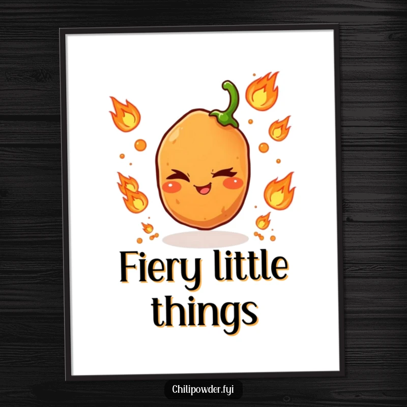 Funny digital art print of a winking chili powder grain masterfully juggling tiny flame icons, radiating playful danger.