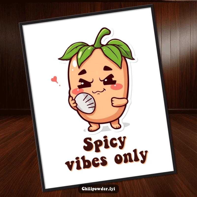 Funny chili powder character with a happy grimace, fanning its face in a digital art print, capturing the amusing struggle with intense heat.