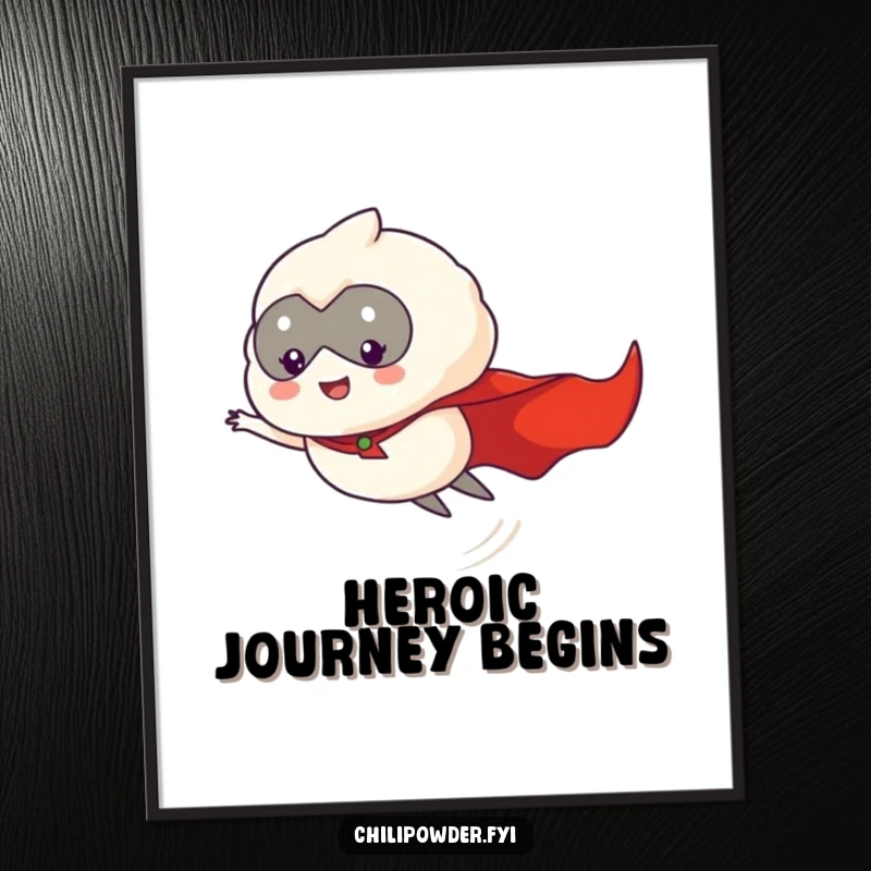 Funny chili powder puff hero, cape flying, soaring through the air, available as a digital art print.