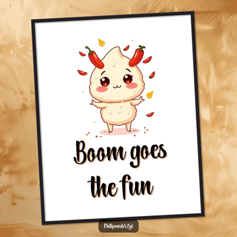 Funny chili powder puff juggling tiny exploding peppers, available as a digital art print for instant download.