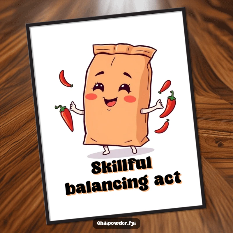 Funny chili powder bag character juggling mini chili peppers with a playful smirk, as a digital art print, for visually engaging humorous decor.