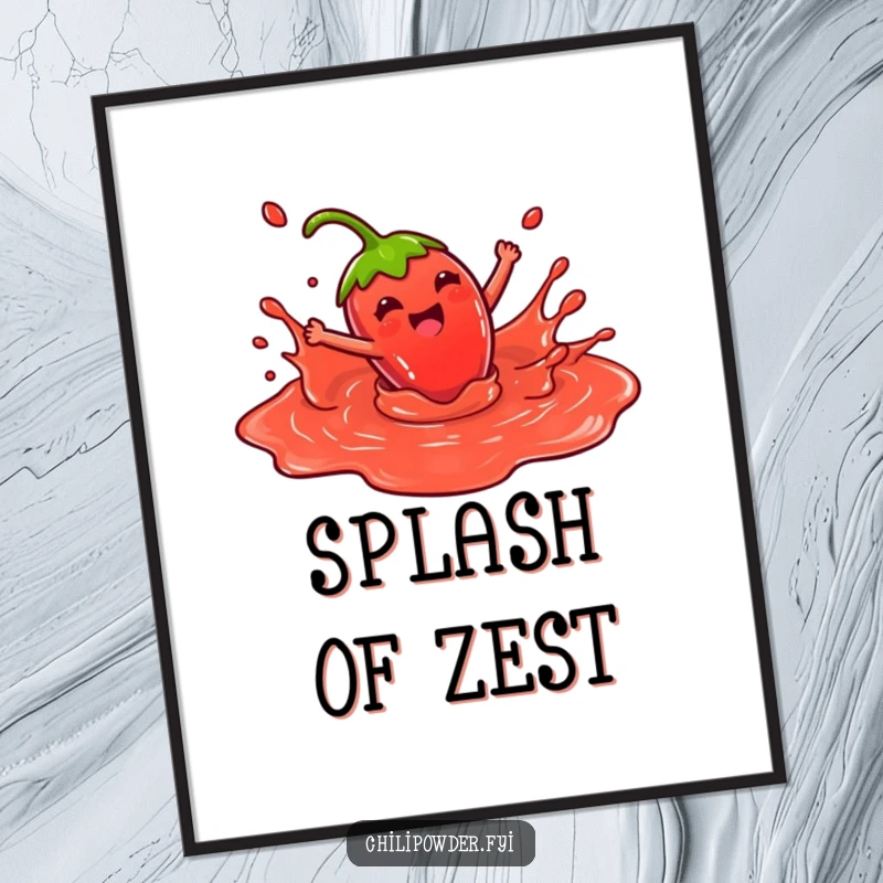 Funny Digital Art Print: Kawaii chili powder character joyfully splashing in red sauce, capturing a moment of pure delight, ideal for printable decor.